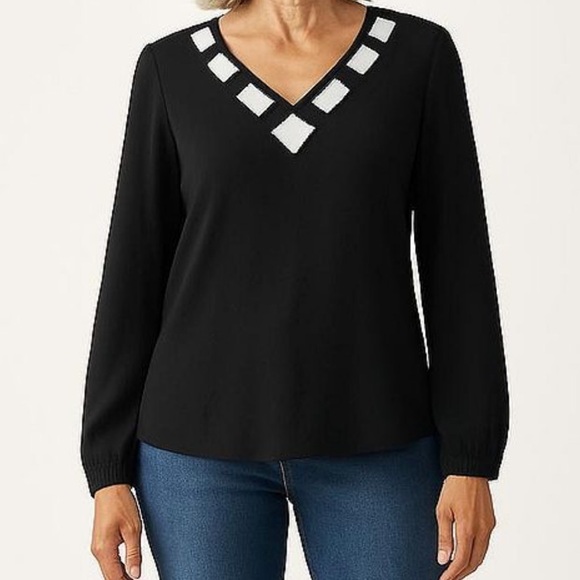 SMITH Black Elegant Long Sleeve Blouse Top With White Geometric Appliqué Size S - Picture 1 of 8